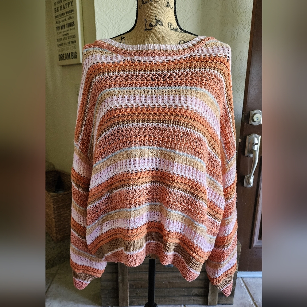 Womens Striped Open-Knit Lightweight Sweater